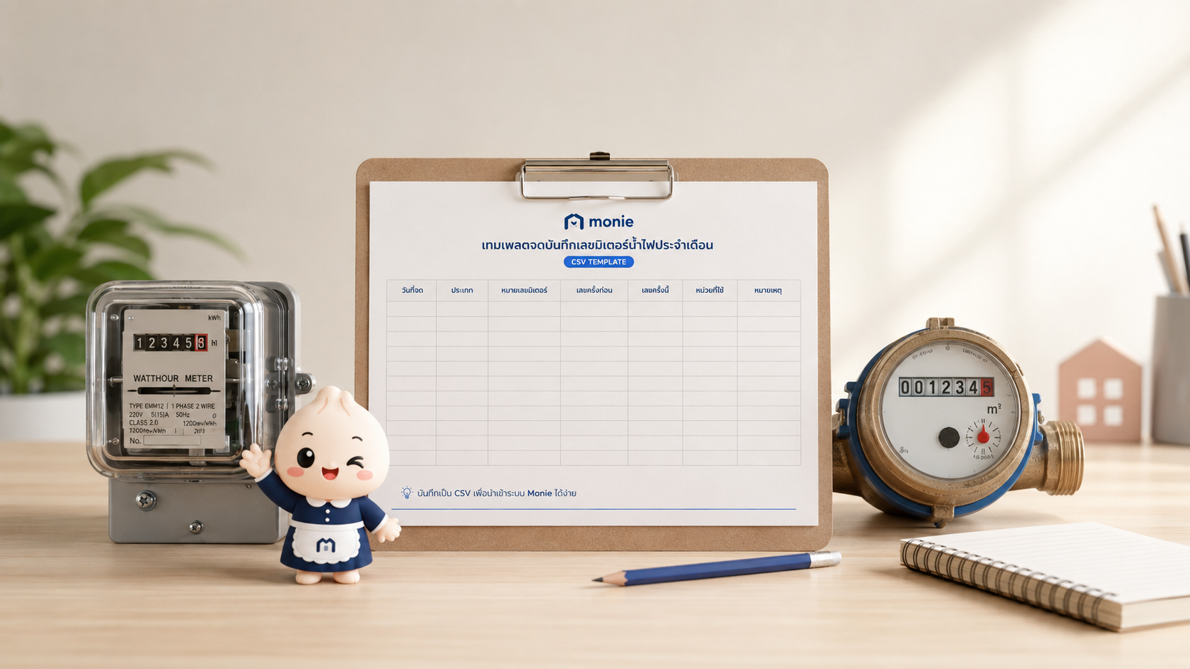 เทมเพลตจดบันทึกเลขมิเตอร์น้ำไฟประจำเดือนในรูปแบบ CSV